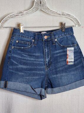 No Boundaries Medium Wash Cotton Poly Span Super High Rise Curvy Mom Shorts Sz 7
